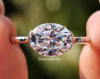 Ost West Oval Moissanite Verlobungsring, Halb Lünette gesetzter Ring, 14K Massivgold Solitärring, Horizontaler Versprechensring für Sie