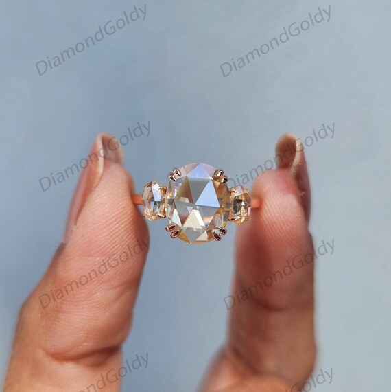 2.60CT Champagne Rose Cut Oval Moissanite Engagement Ring Cluster Bridal Promise Wedding Ring Flat Cut Multi Stone Anniversary Gift