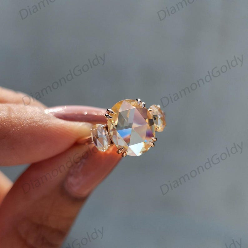 2,60 karaat champagnekleurige roosgeslepen ovale moissanite verlovingsring met clusterstenen, bruidsbelofte, trouwring met platte slijping en meerdere stenen, jubileumcadeau afbeelding 9