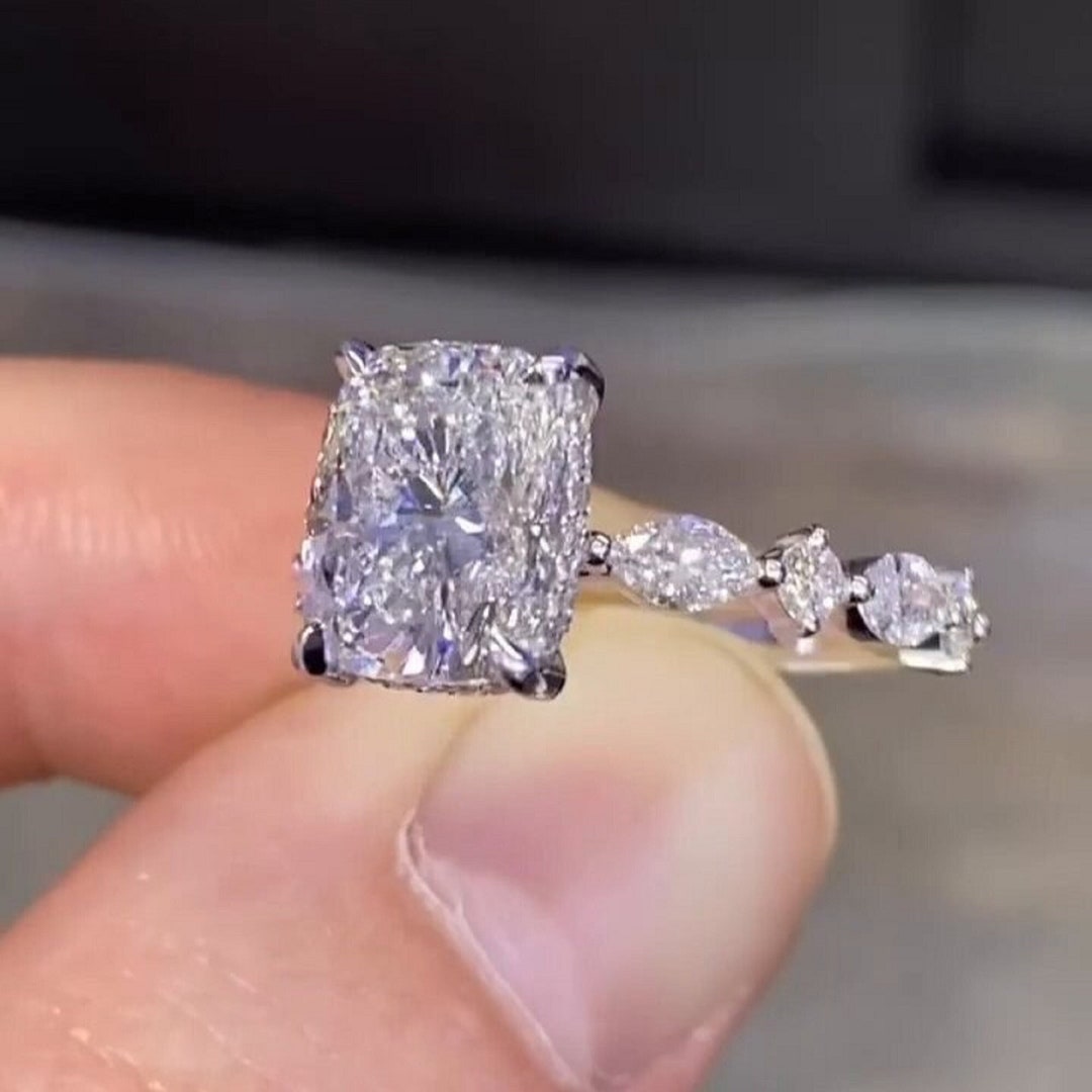 Cushion Cut Moissanite Engagement Ring Accent Marquise and Round Cut ...