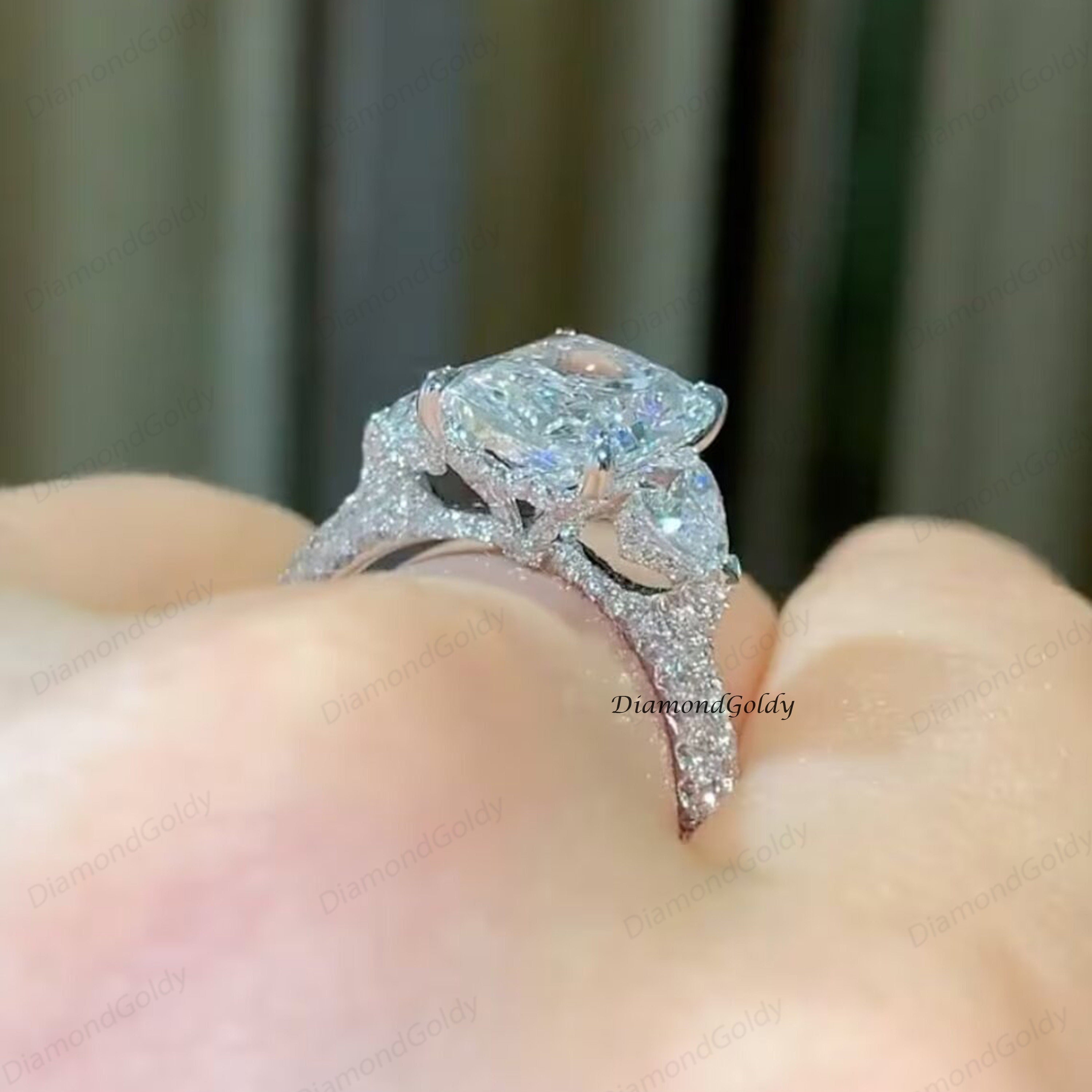 4 CT Radiant Cut Lab Grown Diamond Engagement Ring Radiant Cut Three Side Pave Wedding Ring Accent Heart Cut Stackable Proposal Ring For Her