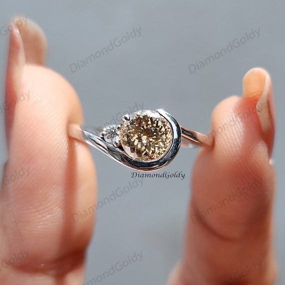 1 CT Portuguese Cut Champagne Moissanite Ring | 14K White Gold Bezel Set | Antique Engagement Ring | Anniversary Gift for Her