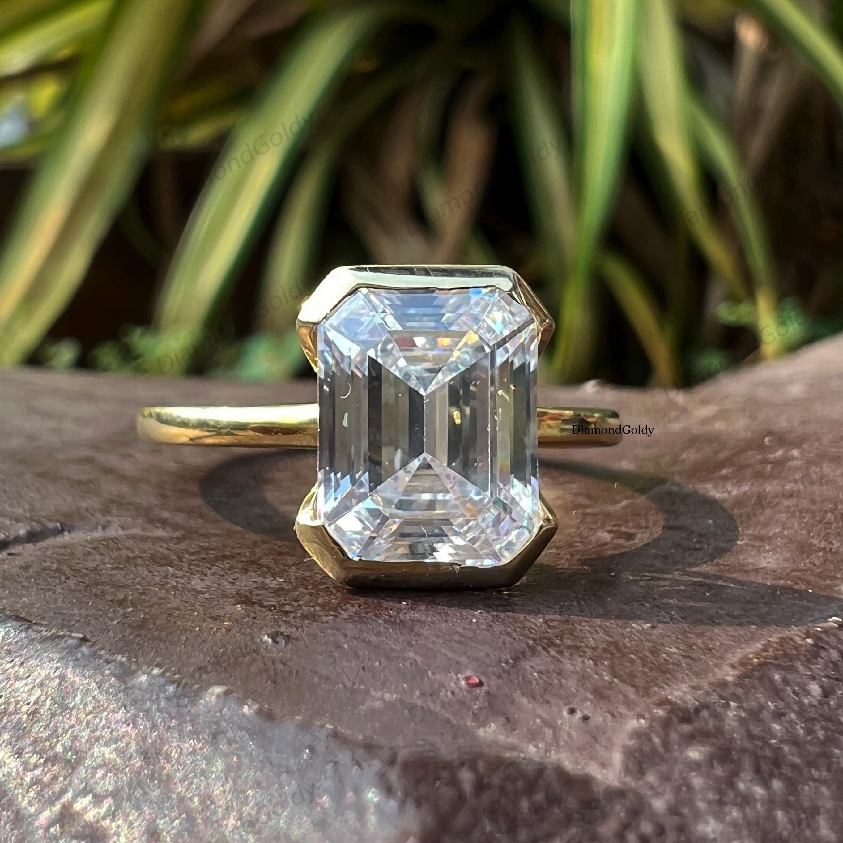 Emerald geslepen moissaniet verlovingsring, delicate ring, kathedraalschacht, trouwring, ring, moissaniet trouwring