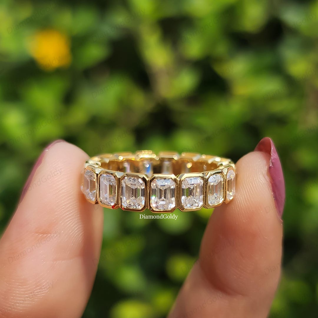 Bezel Set Emerald Cut Moissanite Eternity Band, 14K Solid Yellow Gold ...