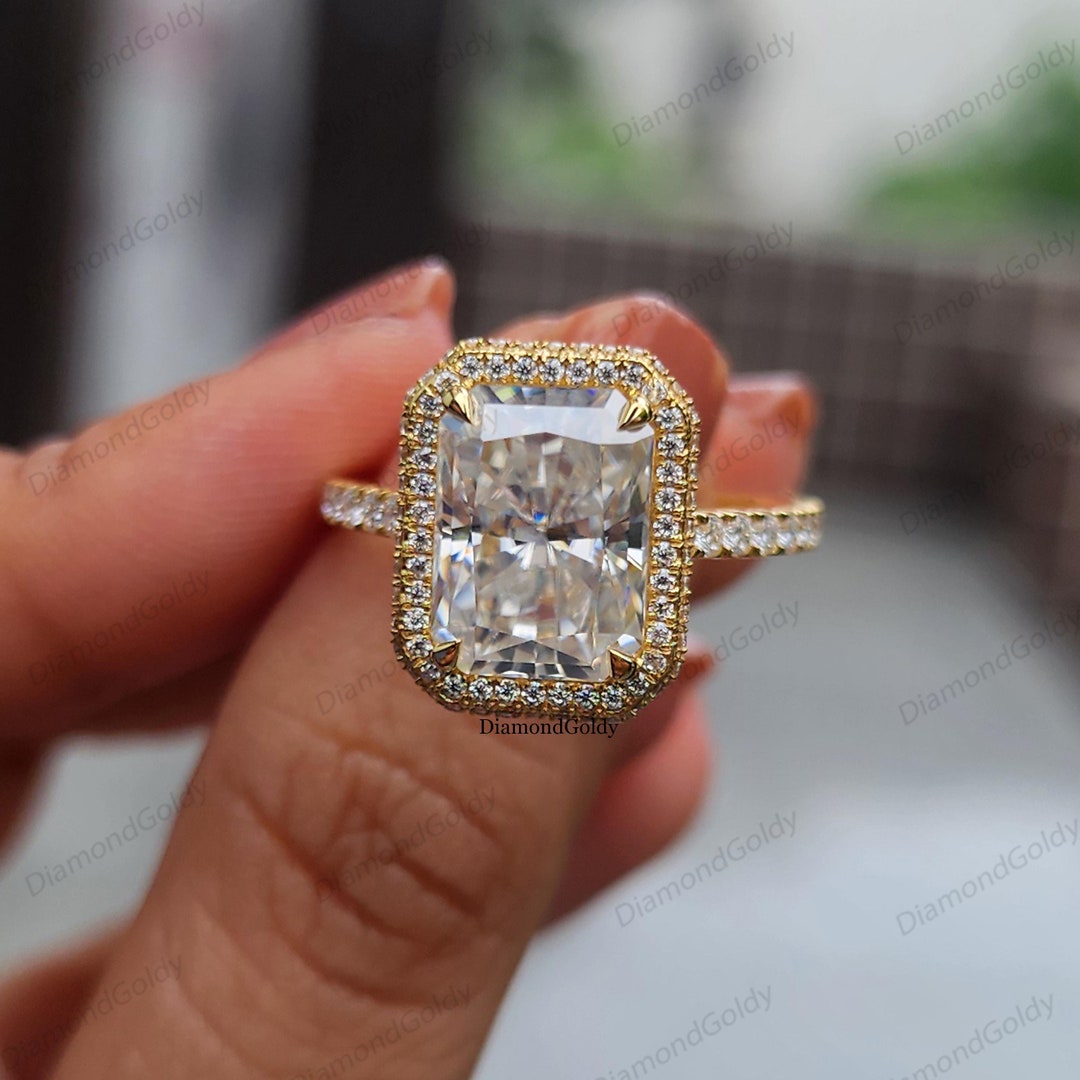 4 CT Radiant Cut Engagement Ring Radiant Halo Moissanite Diamond Ring ...