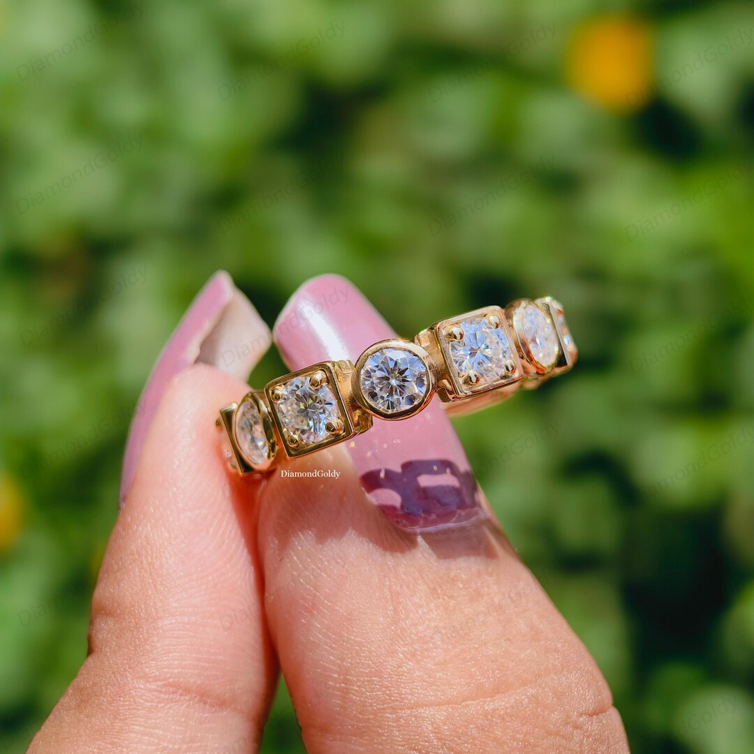 Moissanite Eternity Band Ring 14K Yellow Gold Alternative Bezel and ...