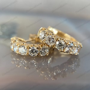 14K Gold Moissanite Diamond Hoop Earrings Round Cut Diamond Hoops Dainty Gold Earrings | Luxury Everyday Jewelry Sparkly Anniversary