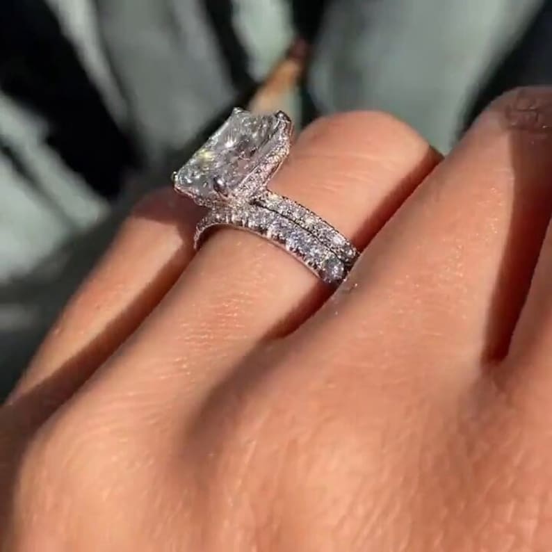 3CT Radiant Cut Moissanite Engagement Diamond Ring Bridal Set Gift For Her Wedding Band Promise Ring image 5