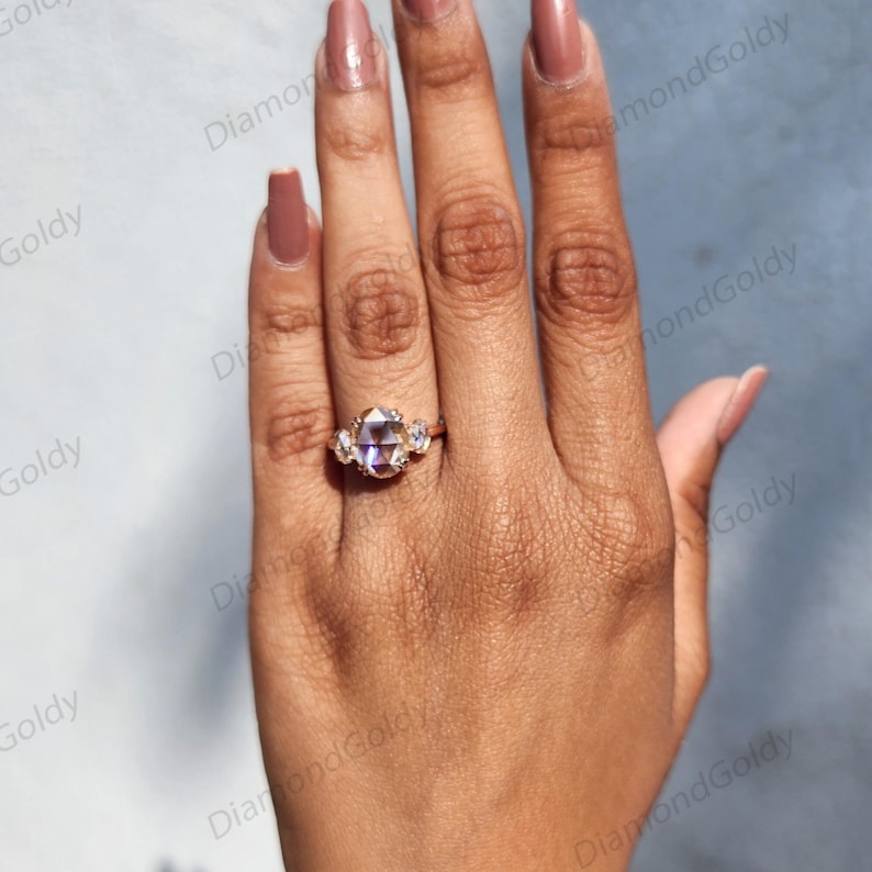 2,60 karaat champagnekleurige roosgeslepen ovale moissanite verlovingsring met clusterstenen, bruidsbelofte, trouwring met platte slijping en meerdere stenen, jubileumcadeau afbeelding 3