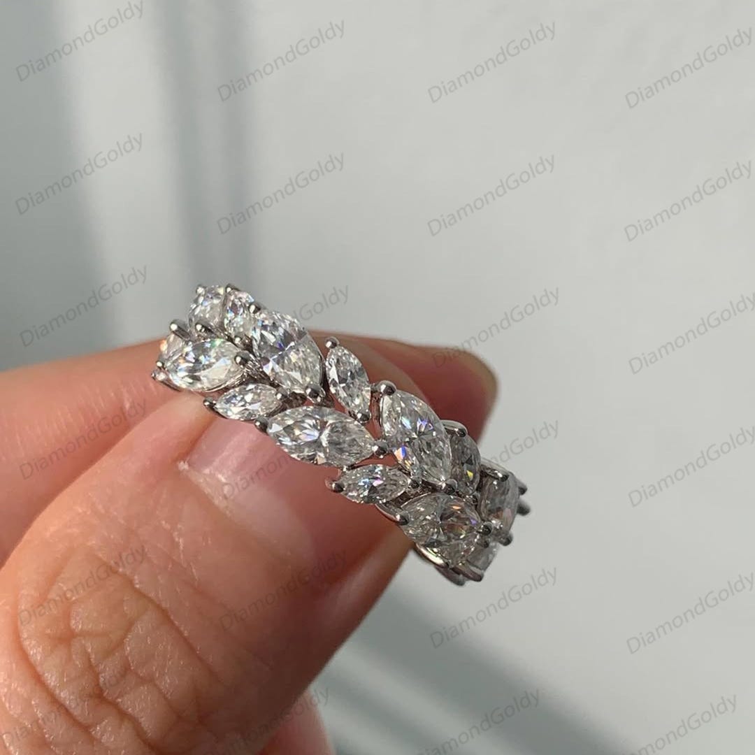 Marquise Cut Moissanite & Diamond Wedding Band 14K Solid Gold Half ...