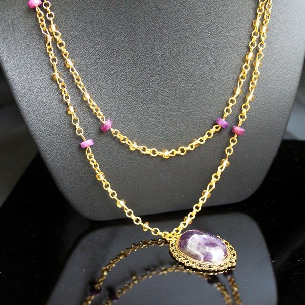 Collier victorien or cabochon améthyste pierre naturelle kunzite