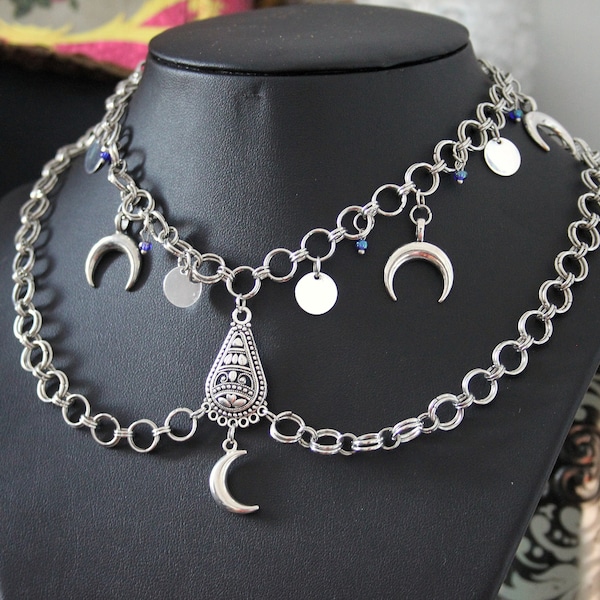 Collier de chaîne multirangs, breloques croissant de lune