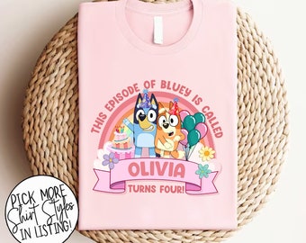 Gepersonaliseerde Bluye verjaardag shirt, Bluye verjaardag meisje T-shirt, aangepaste Bluye familie shirts, Bluye Bingo verjaardag Tees, Bluye verjaardagsfeestje