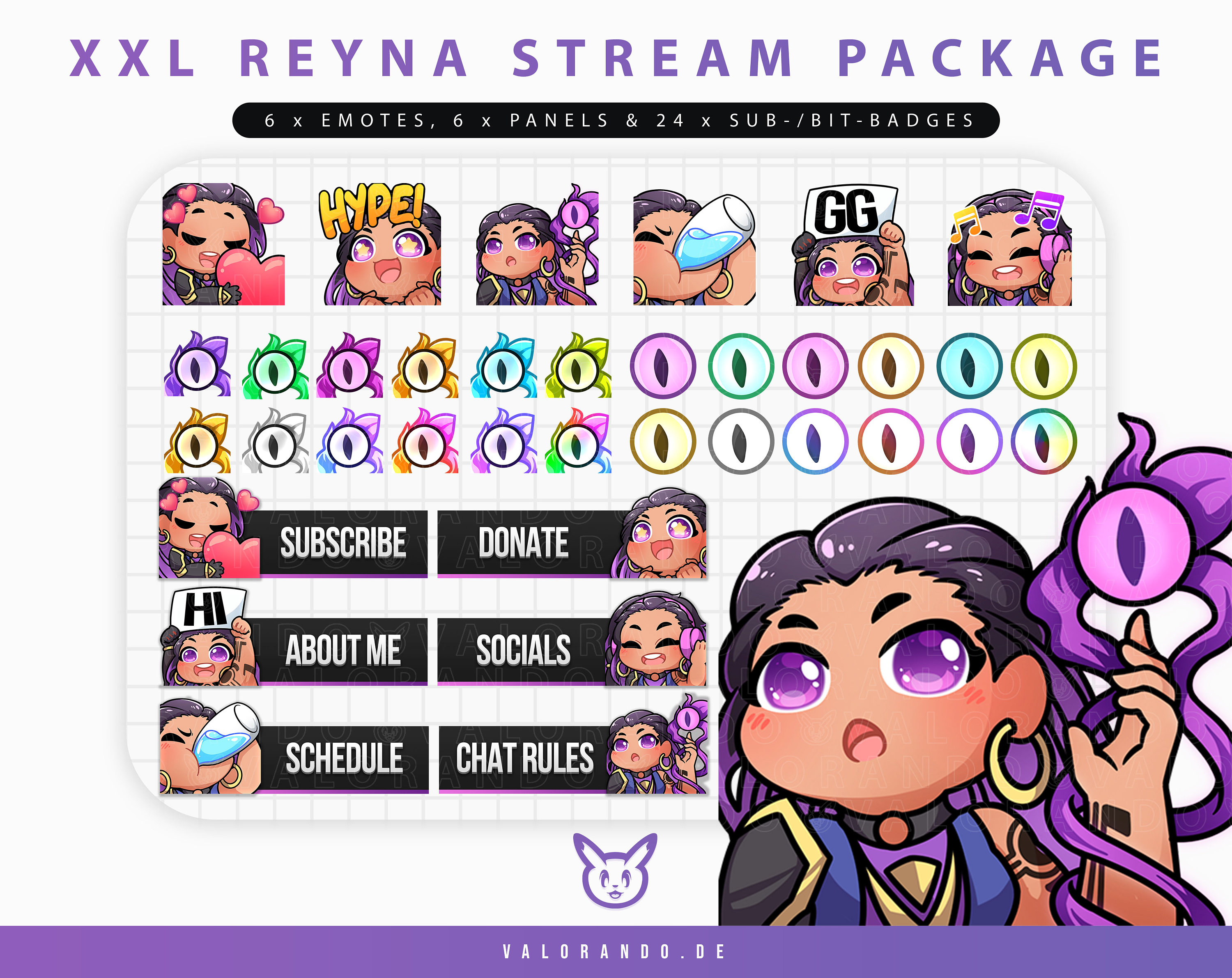 XXL STREAM PACKAGE Reyna Valorant Emotes, Panels and Sub-/Bit-Badges | Twitch Emotes (6), Twitch Panels (6) and Sub Badges Package (24)