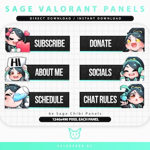 Peut inclure: Six panneaux Twitch noirs et blancs représentant un personnage de dessin animé avec des cheveux verts et une tenue bleue. Les panneaux comprennent le texte "S'abonner", "Faire un don", "Salut", "À propos de moi", "Réseaux sociaux", "Horaire" et "Règles du chat".