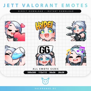 VALORANT JETT EMOTES (6) | Twitch | Discord | YouTube | Streaming | Cute Chibi Jett Emoji Emote Pack | valorando