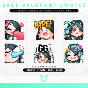 VALORANT SAGE EMOTES (6) | Twitch | Discord | YouTube | Streaming | Cute Chibi Sage Emoji Emote Pack | valorando