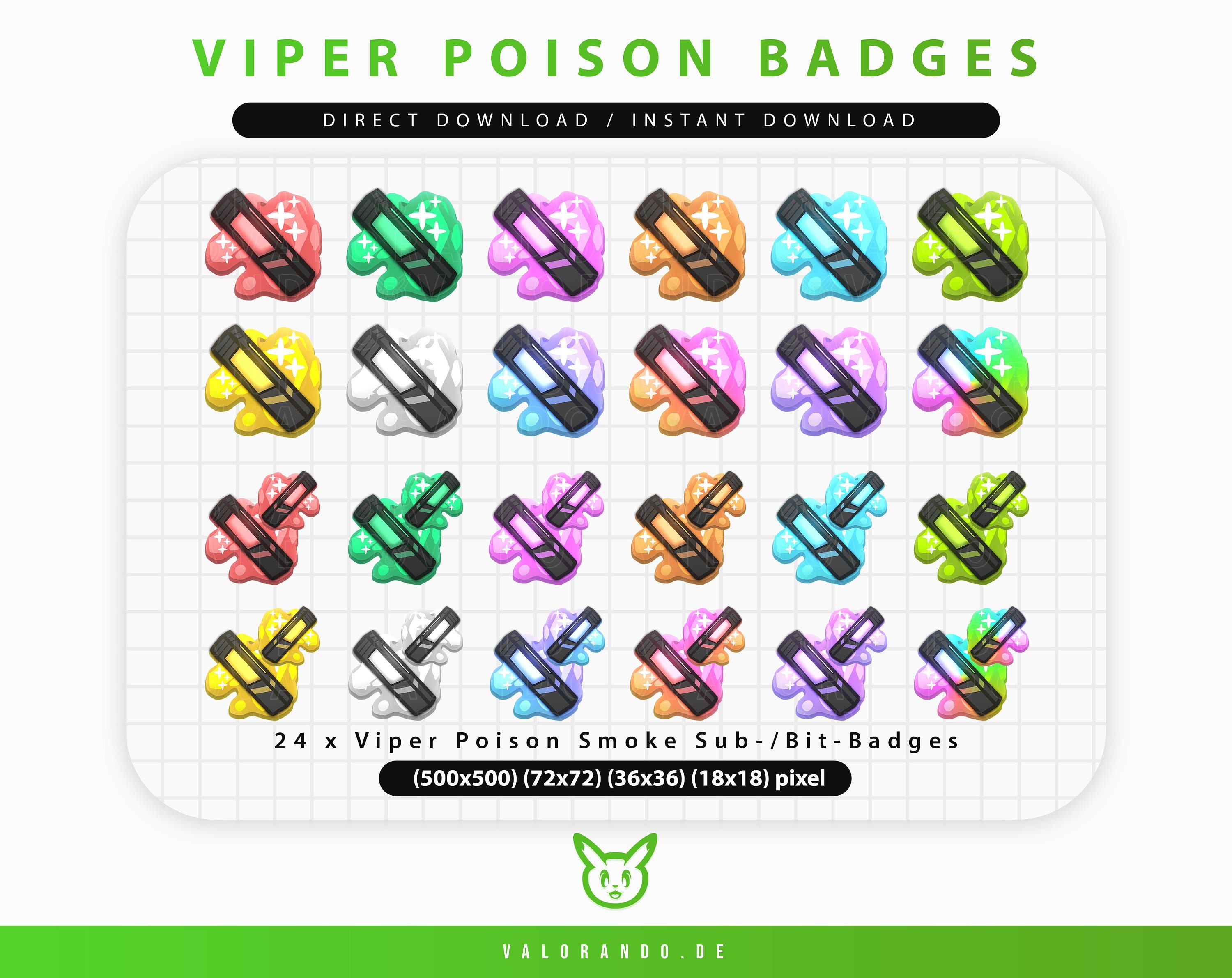 VIPER BADGES POISON (24) Twitch Sub Badges | Discord | YouTube | Valo Viper Badges Twitch | Valorant Poison Viper Badges Pack | valorando