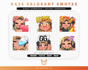 VALORANT RAZE EMOTES (6) | Zucken | Discord | YouTube | | Niedliches Chibi Rase Emoji Emote Paket | Wertigkeit