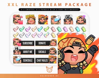 XXL STREAM PACKAGE Raze Valorant Emotes, Panels and Sub-/Bit-Badges | Twitch Emotes (6), Twitch Panels (6) and Sub Badges Package (24)