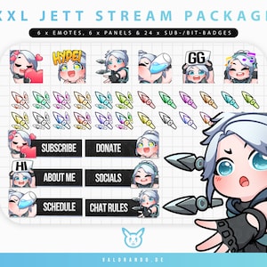 XXL STREAM PACKAGE Jett Valorant Emotes, Panels and Sub-/Bit-Badges | Twitch Emotes (6), Twitch Panels (6) and Sub Badges Package (24)