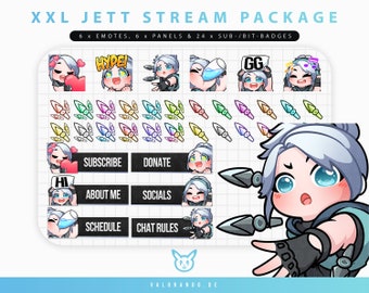 XXL STREAM PACKAGE Jett Valorant Emotes, Panels and Sub-/Bit-Badges | Twitch Emotes (6), Twitch Panels (6) and Sub Badges Package (24)