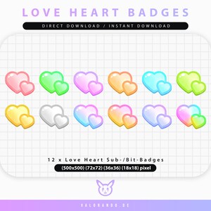 Può includere: Una collezione di dodici badge a forma di cuore in vari colori, tra cui rosa, verde e giallo. Ogni badge presenta un cuore più grande abbinato a un cuore più piccolo. Il testo "LOVE HEART BADGES" e "DIRECT DOWNLOAD / INSTANT DOWNLOAD" è visualizzato in alto.