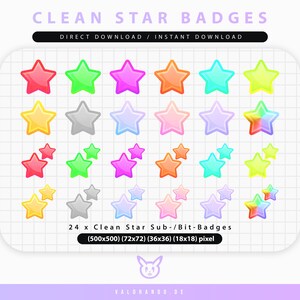 May include: 24 colorful star badges in various sizes, including single stars and groups of two or three stars. The badges are in shades of red, green, yellow, orange, blue, purple, and gray. The text "24 x Clean Star Sub-/Bit-Badges (500x500) (72x72) (36x36) (18x18) pixel" is at the bottom of the image.