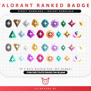 Może przedstawiać: Zestaw 34 odznak rangi Valorant w różnych kolorach i kształtach, w tym diamenty, gwiazdy i kwiat. Odznaki są dostępne w czterech różnych rozmiarach: 100x100 pikseli, 72x72 pikseli, 36x36 pikseli i 18x18 pikseli.
