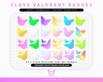 Puede incluir: 24 insignias de mariposa de colores para el videojuego Valorant. Las insignias son de varios tamaños, incluyendo 500x500 píxeles, 72x72 píxeles, 36x36 píxeles y 18x18 píxeles.