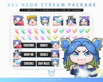 May include: A set of 6 animated Twitch emotes, 6 Twitch panels, and 24 Twitch sub/bit badges featuring a blue-haired character with neon accents. The emotes include "Hype!" and "GG". The panels include "Subscribe", "Donate", "About Me", "Socials", "Schedule", and "Chat Rules".