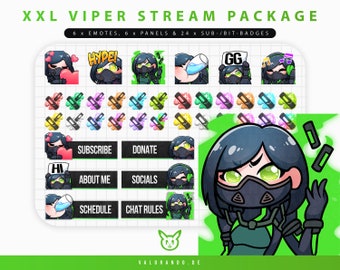 XXL STREAM PACKAGE Viper Valorant Emotes, Panels and Sub-/Bit-Badges | Twitch Emotes (6), Twitch Panels (6) and Sub Badges Package (24)