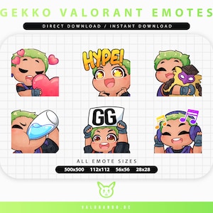 VALORANT GEKKO EMOTES (6) | Twitch | Discord | YouTube | Streaming | Cute Chibi Gekko Emoji Emote Pack | valorando