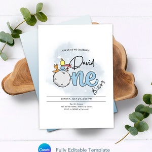 Bewerkbare kleine prins 1e verjaardagsuitnodiging voor verjaardagsfeestje jongen - Instant Download, Canva-sjabloon, afdrukbare digitale pdf