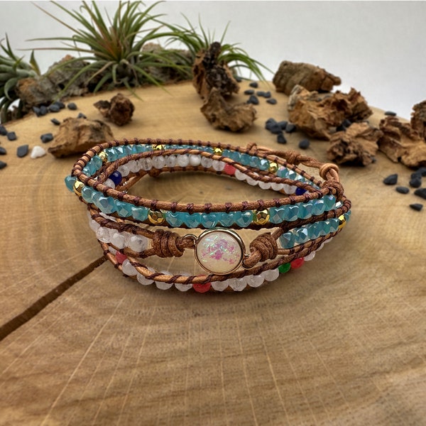 Bracelet de méditation en perles de pierre d'opale - Protection de la guérison, emballage en cuir inspirant de pierre de lune naturelle - Cadeau unique