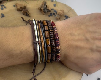 Conjunto de pulseras con cuentas tribales étnicas / Cuentas de madera y pulseras multicapa de cuero genuino / Joyería Boho Wrap para hombres y mujeres