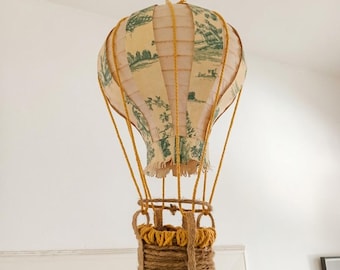Whimsical Hot Air Balloon Pendant Lamp Shade Fabric & Rope Scenic Beige Green Brown Boho decor Nusery