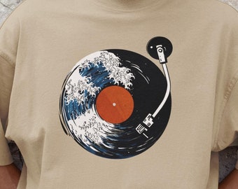 Vinyl Record Wave Oversized T-Shirt, Hokusai Japanese Art