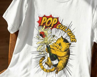 Pop Culture Cat graphic tee | Cat popping soda comic style T-Shirt