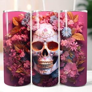 Tumbler Scull in Flowers  20 oz Skinny Tumbler Flowers Sublimation Design Template  Straight Design Digital Download PNG