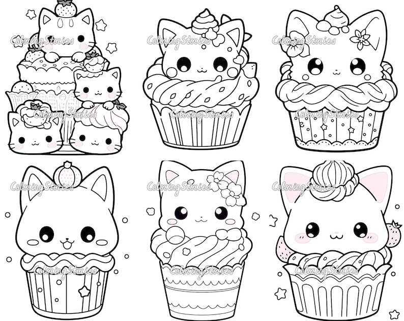 30 Cut Kawaii Cupcakes Cats Coloring Pages Adults & Kids - Etsy
