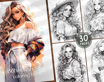 30 Bohemian Style Digital Coloring Book Fashion Girls Coloring Pages Fashion Women Bohemian Style Beautiful Girls PDF