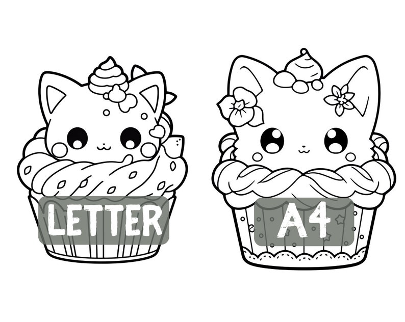 30 Cut Kawaii Cupcakes Cats Coloring Pages Adults & Kids - Etsy