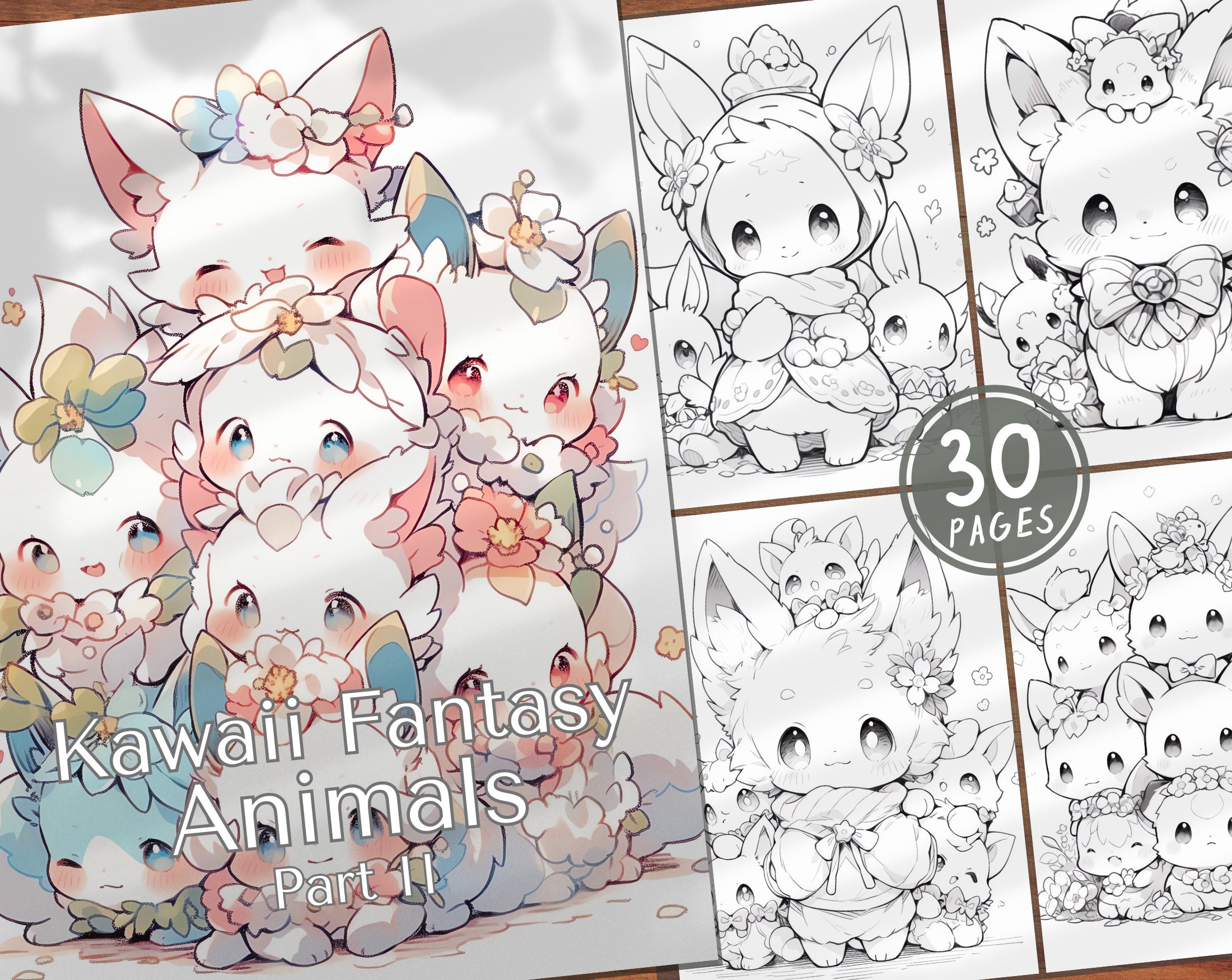 30 Cute Kawaii Fantasy Animals Part 2 Coloring Pages  Adults And Kids Grayscale Book Gift Anime Coloring Pages
