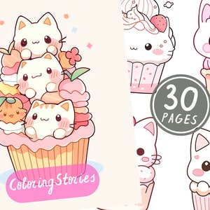 30 lindas páginas para colorear de gatos y cupcakes kawaii, páginas para colorear de anime para adultos y niños, regalo en escala de grises