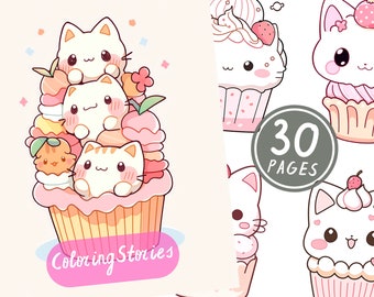 30 Cute Kawaii Cupcakes Cats Coloring Pages, Adults And Kids Grayscale Book Gift Anime Coloring Pages