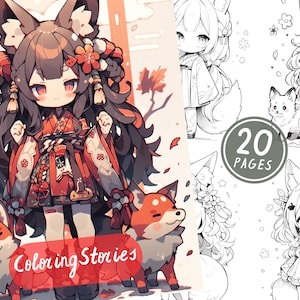 20 Fox Girl Fantasy Kawaii Coloring Pages Part 4 Printable Adult Coloring Pages Download Grayscale Illustration