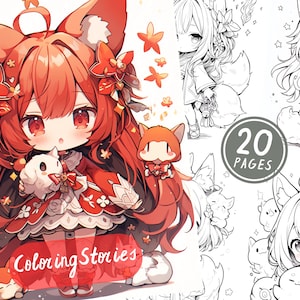 20 キツネの女の子のファンタジーかわいい塗り絵ページ パート 2 印刷可能な大人の塗り絵ページ グレースケールのイラストをダウンロード