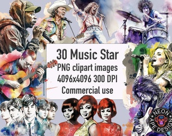 30 Music Star Clip Art, Transparent PNG, Commercial Use, Musicians Clip Art, Music Clip Art, Watercolor Clip Art with Instant Download