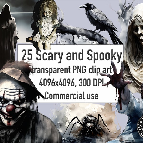 25 Scary and Spooky Clip Art, Transparent PNG, Commercial Use, Horror Art, Fantasy Clip Art, Watercolor Clip Art with Instant Download